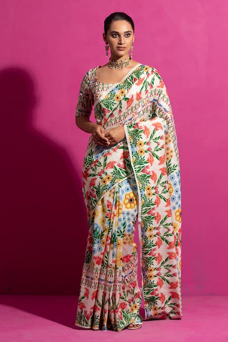 SAKSHAM & NEHARICKA Champa Bagh Chanderi Printed Saree With Unstitched Blouse Fabric 