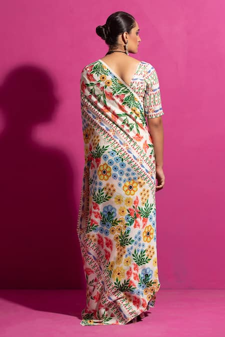 Shop Saksham & Neharicka Multi Color Chanderi Champa Bagh Printed Saree With Unstitched Blouse Fabric at Aza Fashions Shop_Saksham & Neharicka_Multi Color Chanderi Champa Bagh Printed Saree With Unstitched Blouse Fabric_at_Aza_Fashions