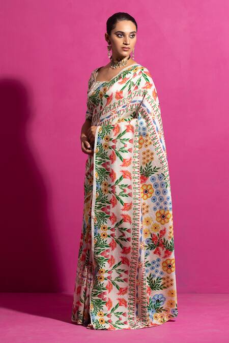 Saksham & Neharicka Multi Color Chanderi Champa Bagh Printed Saree With Unstitched Blouse Fabric Online at Aza Fashions Saksham & Neharicka_Multi Color Chanderi Champa Bagh Printed Saree With Unstitched Blouse Fabric_Online_at_Aza_Fashions