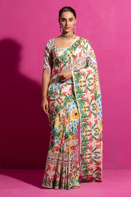 Buy Saksham & Neharicka Multi Color Chanderi Champa Bagh Printed Saree With Unstitched Blouse Fabric Online at Aza Fashions Buy_Saksham & Neharicka_Multi Color Chanderi Champa Bagh Printed Saree With Unstitched Blouse Fabric_Online_at_Aza_Fashions