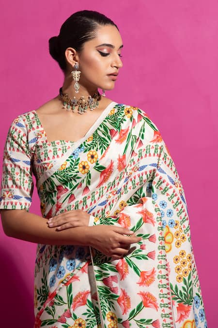 Shop Saksham & Neharicka Multi Color Chanderi Champa Bagh Printed Saree With Unstitched Blouse Fabric Online at Aza Fashions Shop_Saksham & Neharicka_Multi Color Chanderi Champa Bagh Printed Saree With Unstitched Blouse Fabric_Online_at_Aza_Fashions