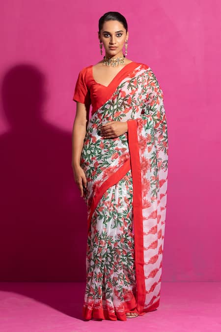 SAKSHAM & NEHARICKA Red Chanderi Printed Naushad Saree With Unstitched Blouse Fabric 