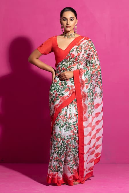 Saksham & Neharicka_Red Chanderi Naushad Floral Print Saree With Unstitched Blouse Fabric_Online_at_Aza_Fashions