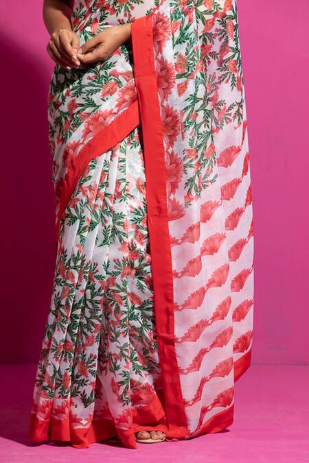 Buy_Saksham & Neharicka_Red Chanderi Naushad Floral Print Saree With Unstitched Blouse Fabric_Online_at_Aza_Fashions