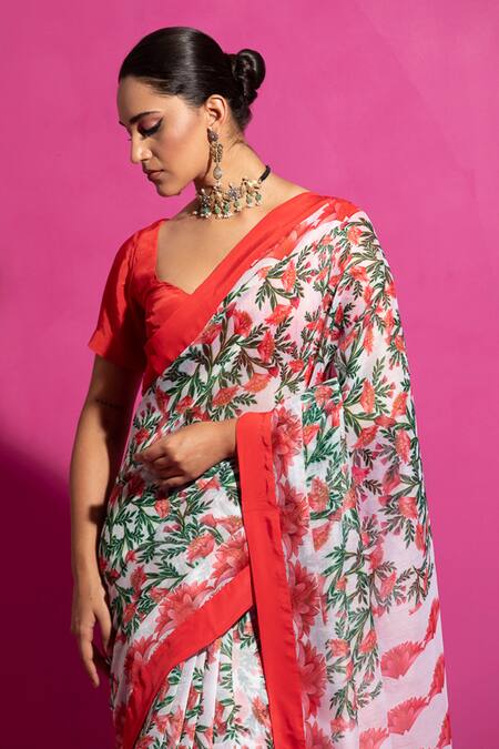 Shop_Saksham & Neharicka_Red Chanderi Naushad Floral Print Saree With Unstitched Blouse Fabric_Online_at_Aza_Fashions