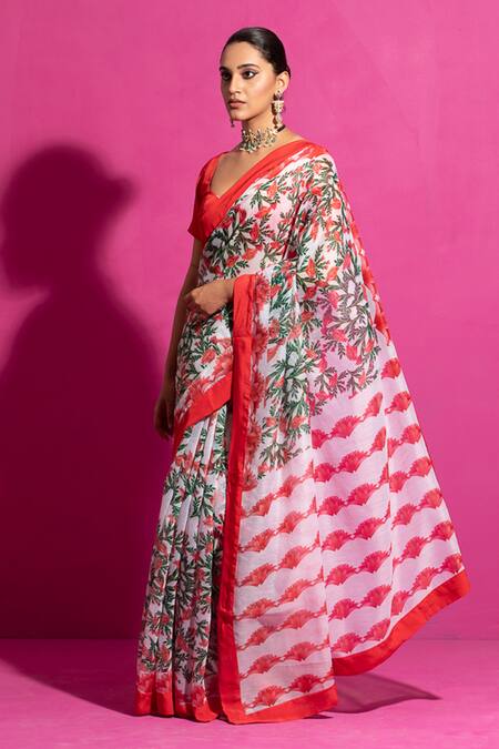 Saksham & Neharicka_Red Chanderi Naushad Floral Print Saree With Unstitched Blouse Fabric_at_Aza_Fashions