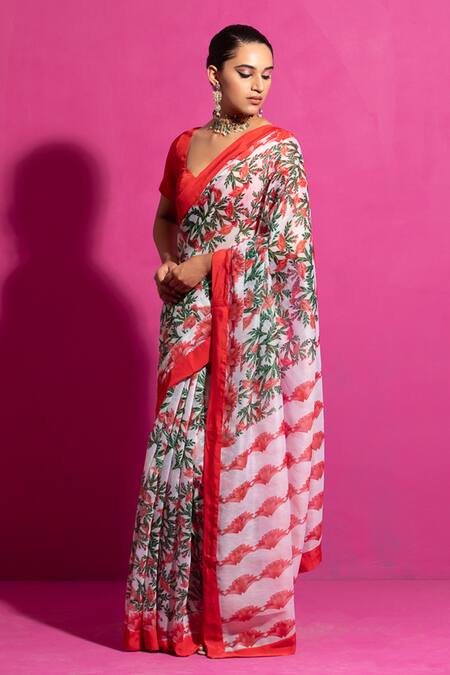 Buy_Saksham & Neharicka_Red Chanderi Naushad Floral Print Saree With Unstitched Blouse Fabric
