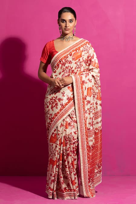 SAKSHAM & NEHARICKA Bagh-e-Hiran Printed Saree With Unstitched Blouse Fabric 