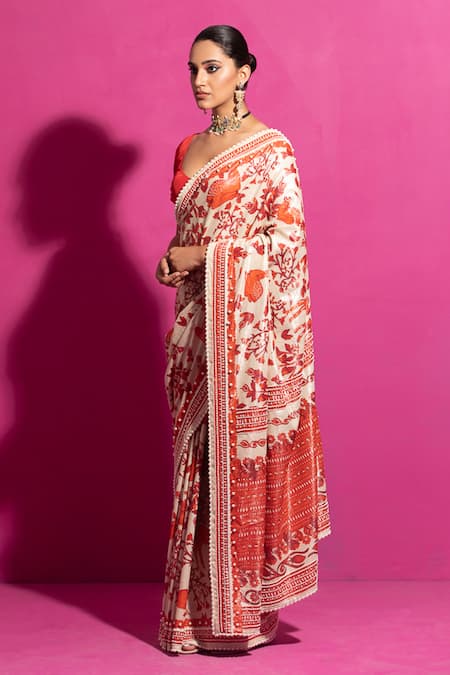 Saksham & Neharicka_Red Cotton, Lurex Bagh-e-hiran Printed Saree With Unstitched Blouse Fabric _Online_at_Aza_Fashions