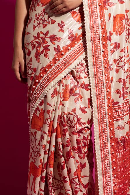 Buy_Saksham & Neharicka_Red Cotton, Lurex Bagh-e-hiran Printed Saree With Unstitched Blouse Fabric _Online_at_Aza_Fashions