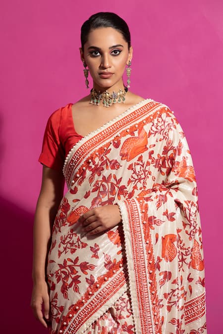 Shop_Saksham & Neharicka_Red Cotton, Lurex Bagh-e-hiran Printed Saree With Unstitched Blouse Fabric _Online_at_Aza_Fashions