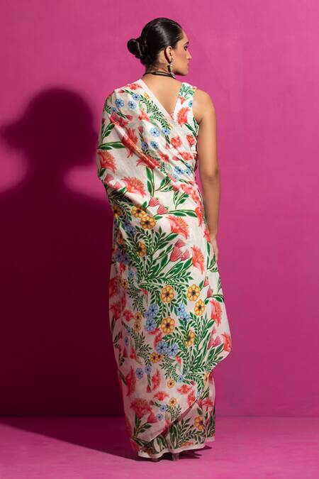 Shop Saksham & Neharicka Multi Color Chanderi Bagh-e-kusum Printed Saree With Unstitched Blouse Fabric at Aza Fashions Shop_Saksham & Neharicka_Multi Color Chanderi Bagh-e-kusum Printed Saree With Unstitched Blouse Fabric_at_Aza_Fashions