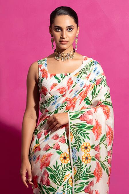 Saksham & Neharicka Multi Color Chanderi Bagh-e-kusum Printed Saree With Unstitched Blouse Fabric Online at Aza Fashions Saksham & Neharicka_Multi Color Chanderi Bagh-e-kusum Printed Saree With Unstitched Blouse Fabric_Online_at_Aza_Fashions