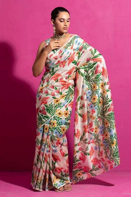 Buy Saksham & Neharicka Multi Color Chanderi Bagh-e-kusum Printed Saree With Unstitched Blouse Fabric Online at Aza Fashions Buy_Saksham & Neharicka_Multi Color Chanderi Bagh-e-kusum Printed Saree With Unstitched Blouse Fabric_Online_at_Aza_Fashions