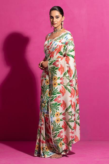 Shop Saksham & Neharicka Multi Color Chanderi Bagh-e-kusum Printed Saree With Unstitched Blouse Fabric Online at Aza Fashions Shop_Saksham & Neharicka_Multi Color Chanderi Bagh-e-kusum Printed Saree With Unstitched Blouse Fabric_Online_at_Aza_Fashions