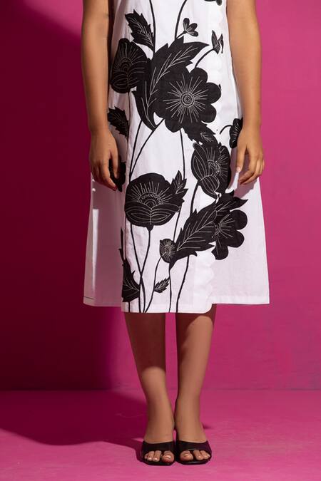 Shop Saksham & Neharicka Ivory Cotton, Muslin Embroidery Boat Neck Daffodil Applique Midi Dress Online at Aza Fashions Shop_Saksham & Neharicka_Ivory Cotton, Muslin Embroidery Boat Neck Daffodil Applique Midi Dress _Online_at_Aza_Fashions