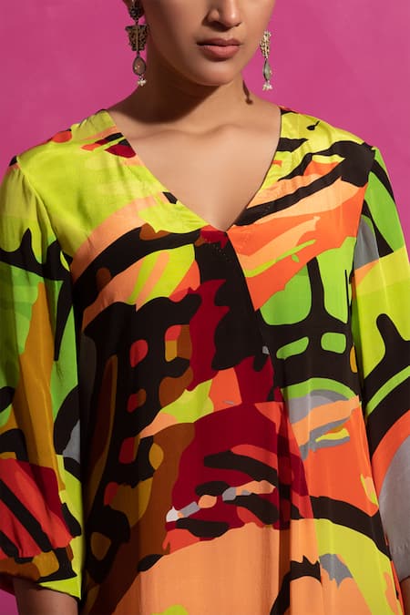 Saksham & Neharicka_Multi Color Crepe V-neck Behroopiya Abstract Print Midi Dress _Online_at_Aza_Fashions