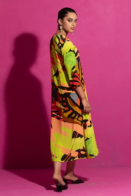 Buy_Saksham & Neharicka_Multi Color Crepe V-neck Behroopiya Abstract Print Midi Dress _Online_at_Aza_Fashions