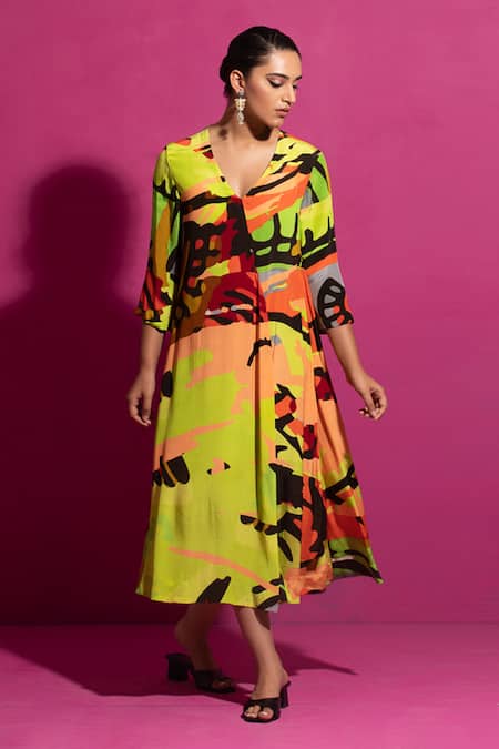 Shop_Saksham & Neharicka_Multi Color Crepe V-neck Behroopiya Abstract Print Midi Dress _Online_at_Aza_Fashions