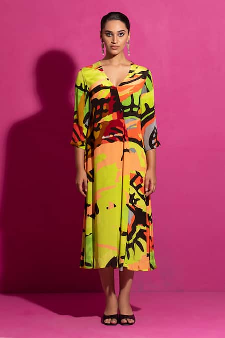 Saksham & Neharicka_Multi Color Crepe V-neck Behroopiya Abstract Print Midi Dress _at_Aza_Fashions