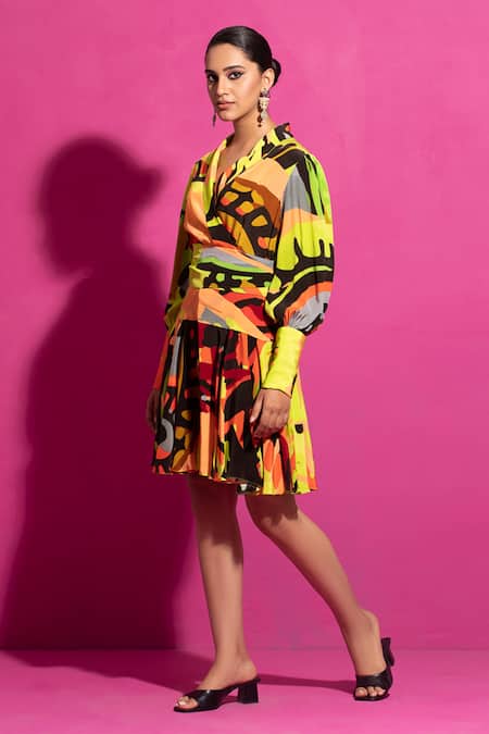 Saksham & Neharicka_Multi Color Crepe V-neck Behroopiya Abstract Print Short Dress _at_Aza_Fashions