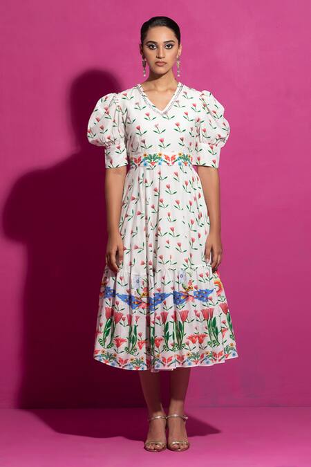 Saksham & Neharicka_Multi Color Muslin, Cotton V-neck Champa Tulip Bloom Print Midi Dress _Online_at_Aza_Fashions