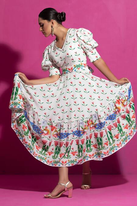 Buy_Saksham & Neharicka_Multi Color Muslin, Cotton V-neck Champa Tulip Bloom Print Midi Dress _Online_at_Aza_Fashions