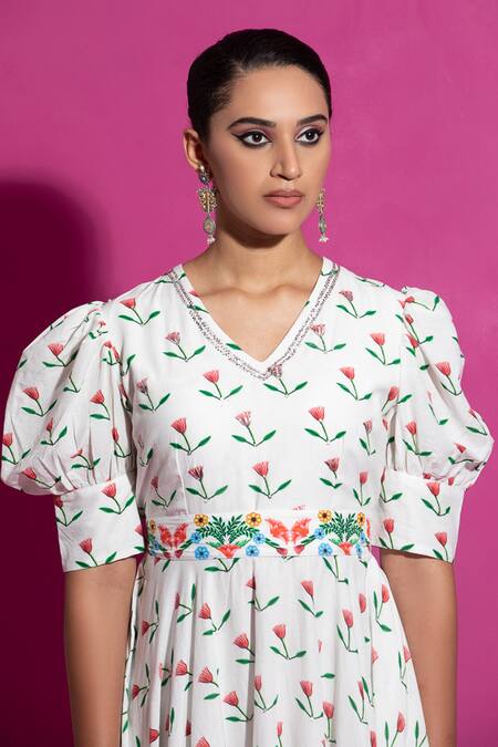 Shop_Saksham & Neharicka_Multi Color Muslin, Cotton V-neck Champa Tulip Bloom Print Midi Dress _Online_at_Aza_Fashions
