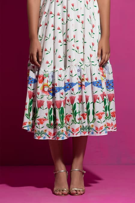 Saksham & Neharicka_Multi Color Muslin, Cotton V-neck Champa Tulip Bloom Print Midi Dress _at_Aza_Fashions