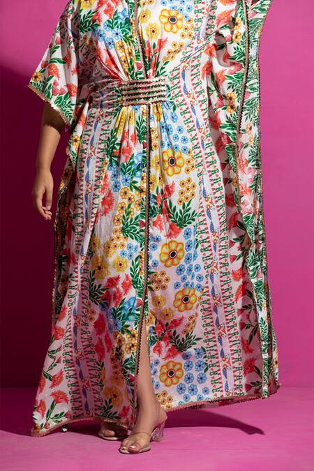 Saksham & Neharicka_Multi Color Chanderi Round Neck Champa Bagh Print Kaftan_Online_at_Aza_Fashions