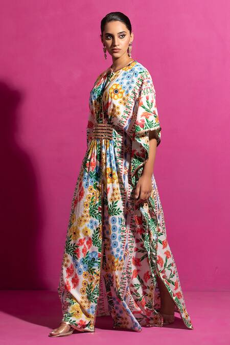 Shop_Saksham & Neharicka_Multi Color Chanderi Round Neck Champa Bagh Print Kaftan_Online_at_Aza_Fashions
