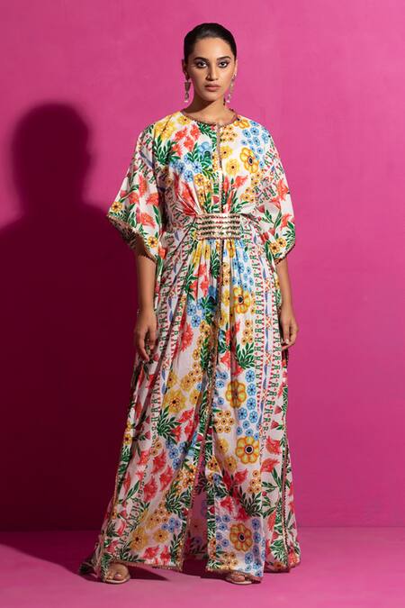 Saksham & Neharicka_Multi Color Chanderi Round Neck Champa Bagh Print Kaftan_at_Aza_Fashions