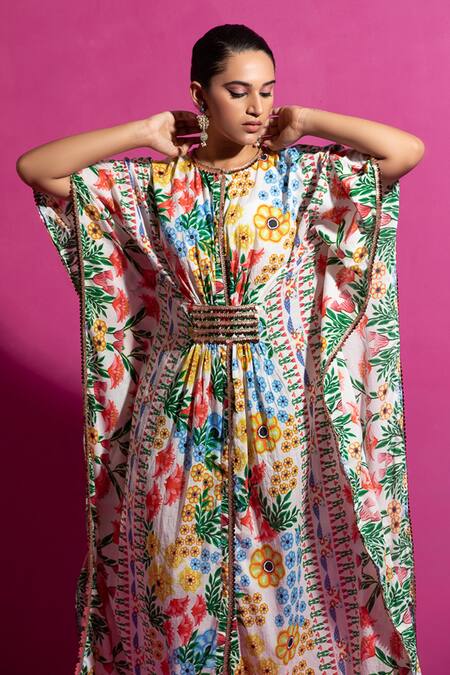 Buy_Saksham & Neharicka_Multi Color Chanderi Round Neck Champa Bagh Print Kaftan