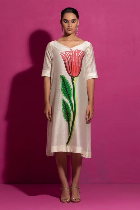 Saksham & Neharicka_Ivory Chanderi V-neck Champa Hand Paint Midi Dress_Online_at_Aza_Fashions