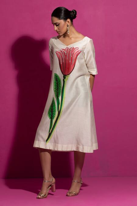 Shop_Saksham & Neharicka_Ivory Chanderi V-neck Champa Hand Paint Midi Dress_Online_at_Aza_Fashions