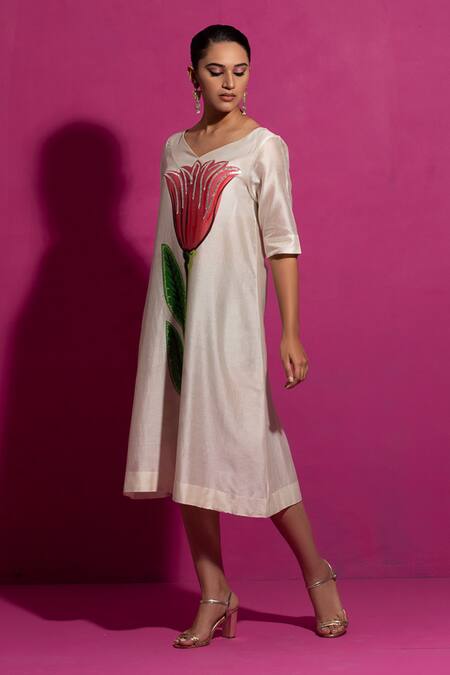 Saksham & Neharicka_Ivory Chanderi V-neck Champa Hand Paint Midi Dress_at_Aza_Fashions