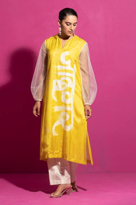 Saksham & Neharicka_Yellow Cotton Satin Split V-neck Jaadugar Hand Paint A-line Kurta_Online_at_Aza_Fashions