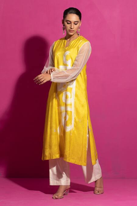 Shop_Saksham & Neharicka_Yellow Cotton Satin Split V-neck Jaadugar Hand Paint A-line Kurta_Online_at_Aza_Fashions