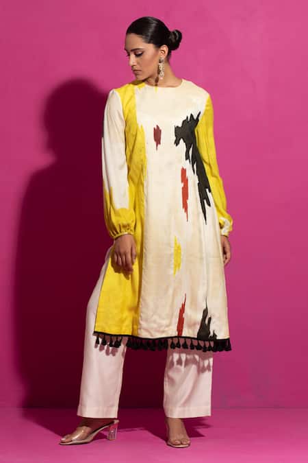Saksham & Neharicka Yellow Cotton Satin Tassels Round Neck Abstract Print A-line Kurta