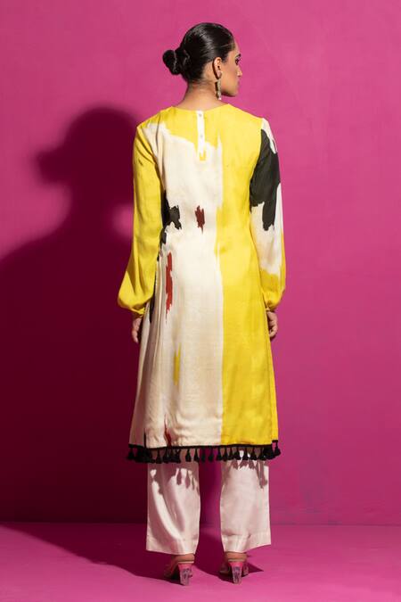 Shop Saksham & Neharicka Yellow Cotton Satin Tassels Round Neck Abstract Print A-line Kurta at Aza Fashions Shop_Saksham & Neharicka_Yellow Cotton Satin Tassels Round Neck Abstract Print A-line Kurta_at_Aza_Fashions