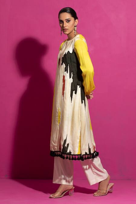 Buy Saksham & Neharicka Yellow Cotton Satin Tassels Round Neck Abstract Print A-line Kurta Online at Aza Fashions Buy_Saksham & Neharicka_Yellow Cotton Satin Tassels Round Neck Abstract Print A-line Kurta_Online_at_Aza_Fashions
