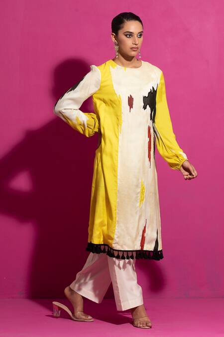 Shop Saksham & Neharicka Yellow Cotton Satin Tassels Round Neck Abstract Print A-line Kurta Online at Aza Fashions Shop_Saksham & Neharicka_Yellow Cotton Satin Tassels Round Neck Abstract Print A-line Kurta_Online_at_Aza_Fashions