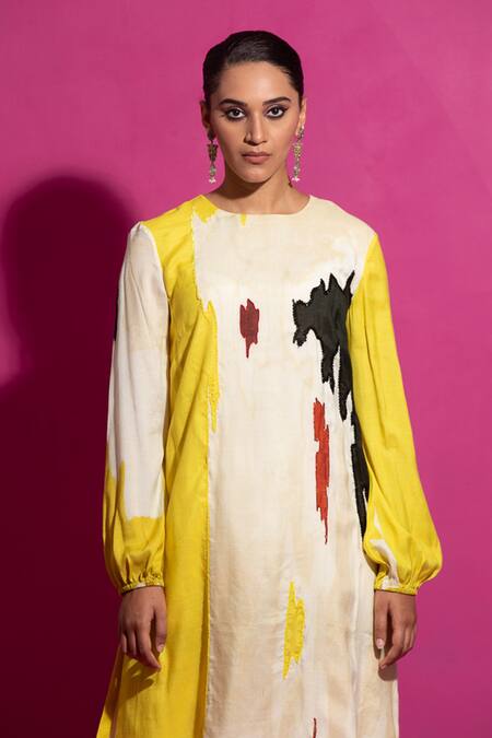 Saksham & Neharicka Yellow Cotton Satin Tassels Round Neck Abstract Print A-line Kurta at Aza Fashions Saksham & Neharicka_Yellow Cotton Satin Tassels Round Neck Abstract Print A-line Kurta_at_Aza_Fashions