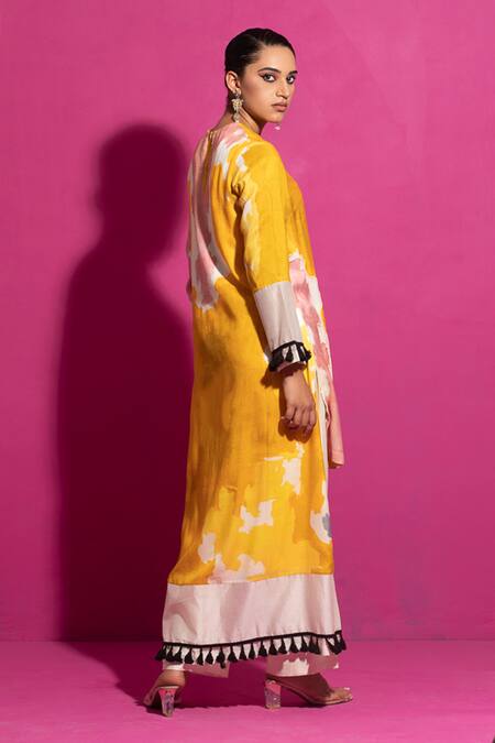 Buy_Saksham & Neharicka_Yellow Cotton Satin Scoop Neck Abstract Print Asymmetric Kurta_Online_at_Aza_Fashions