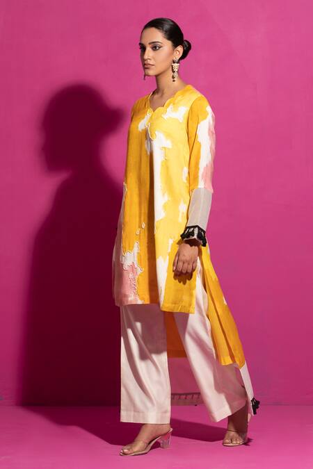 Shop_Saksham & Neharicka_Yellow Cotton Satin Scoop Neck Abstract Print Asymmetric Kurta_Online_at_Aza_Fashions