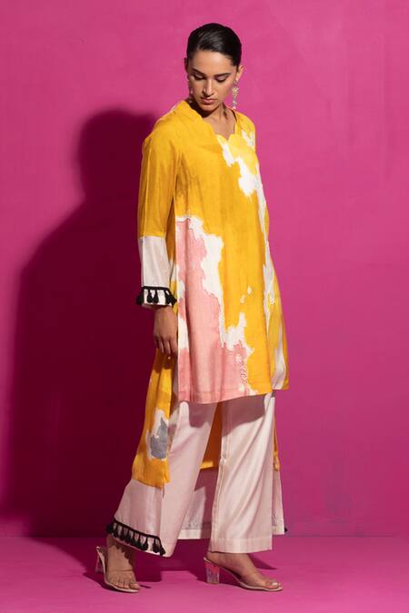 Saksham & Neharicka_Yellow Cotton Satin Scoop Neck Abstract Print Asymmetric Kurta_at_Aza_Fashions