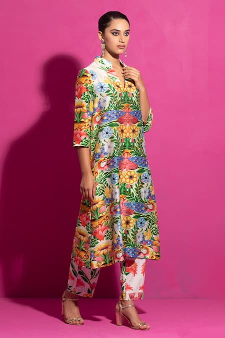 Saksham & Neharicka_Multi Color Chanderi Mandarin Collar Kali Champa Print Kurta With Pant _Online_at_Aza_Fashions