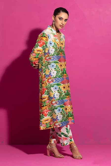 Buy_Saksham & Neharicka_Multi Color Chanderi Mandarin Collar Kali Champa Print Kurta With Pant _Online_at_Aza_Fashions