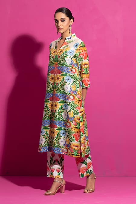 Shop_Saksham & Neharicka_Multi Color Chanderi Mandarin Collar Kali Champa Print Kurta With Pant _Online_at_Aza_Fashions