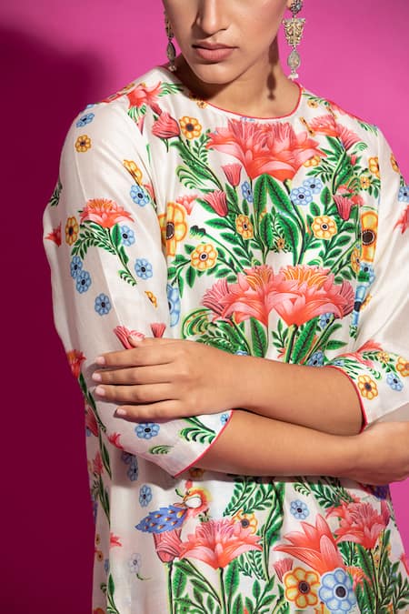 Saksham & Neharicka_Multi Color Chanderi Mandarin Collar Kali Champa Print Kurta With Pant _at_Aza_Fashions